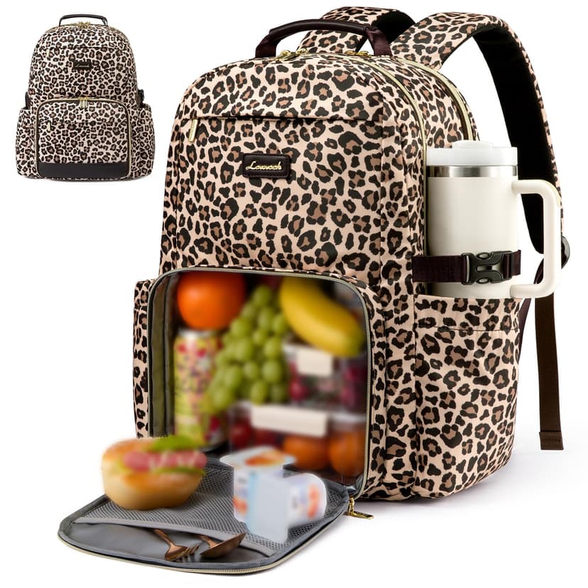 LOVEVOOK Lunch Backpack with Lunch Compartment,17 Inch Laptop Work Travel Insulated Cooler Backpack Purse,Waterproof College Teacher Lunch Bag Box with Tumbler Holder,Gift for Men Women,Leopard print