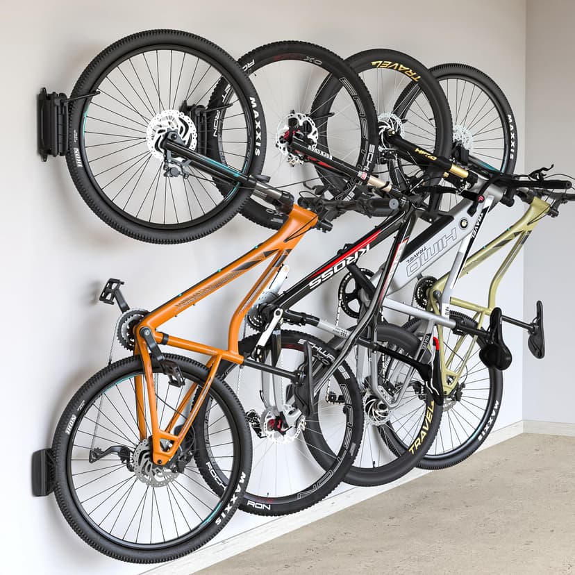 monTEK Swivel Bike Wall Mount, Bike Hangers for Garage, 4 Pack | Heavy-duty vertical wall bike storage rack swivels 150° to save space; holds 66 lb each and fits tires up to 3.54 in wide