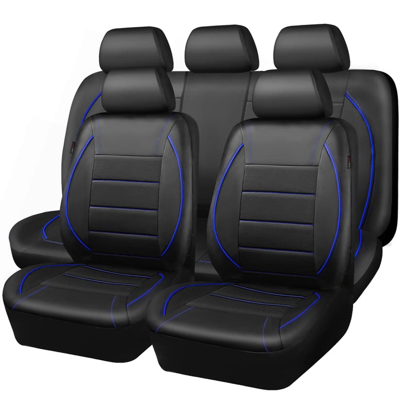 CAR PASS Universal FIT Piping Leather Car Seat Cover, for suvs,Van,Trucks,Airbag Compatible,Inside Zipper Design and Reserved Opening Holes (Full Set, Black and Blue)