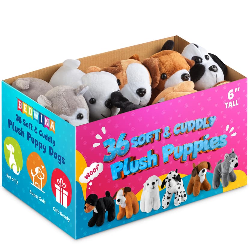 Bedwina Plush Puppy Dogs - (Pack of 36) 6 Inches Tall Stuffed Animals Bulk Assorted Puppies and Cute Stuffed Plushed Dog Puppies Assortment, Stocking Stuffers