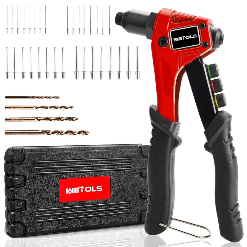 WETOLS Pop Rivet Gun Kit with 200 Blind Rivets,Upgraded Pop Rivet Tool Kit | Manual Single Hand Riveter with 4 Tool-Free Interchangeable Rivet Heads, 4 Drill Bits and Sturdy BMC Carrying Case
