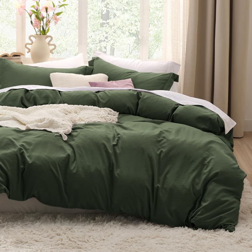 Bedsure Prewashed Duvet Cover Queen, Cotton-Like Bedding Set, Olive Green | Ultra Soft, Relaxed Texture, Breathable Comfort, Hidden Zipper, 8 Corner Ties, Easy Care, OEKO-TEX Certified, Year-Round Use