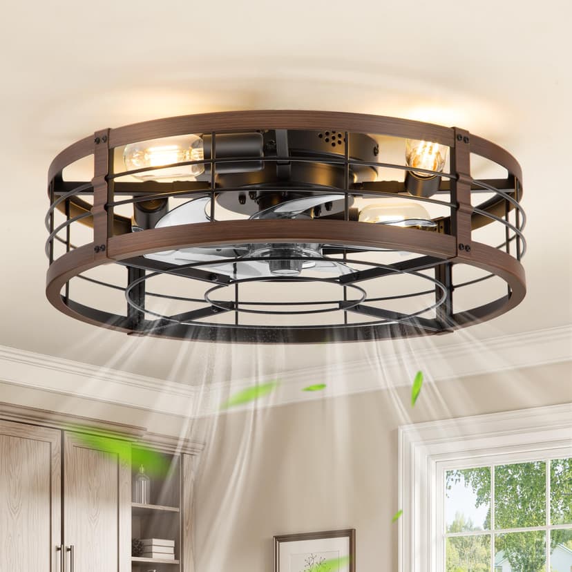 LEDIARY 20" Walnut Caged Low Profile Ceiling Fan with Light and Remote | Flush Mount, Bladeless Enclosed Fandelier, 6 Speed, Quiet Powerful DC, Rustic,Farmhouse, Small, Bedroom, Kitchen, Indoor