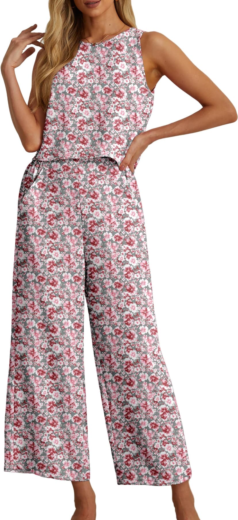 IWOLLENCE Women's Summer 2 Piece Outfits Set Round neck Sleeveless Tank Crop Top Wide Leg pants Set Pockets Jumpsuits
