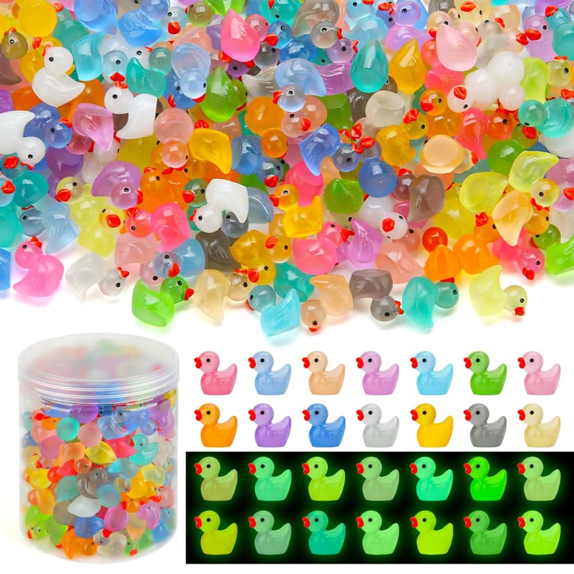 GWAHSA 240pcs Luminous Mini Resin Ducks, Tiny Animals Bulk Glow in The Dark Small Plastic Miniature Ducks Figures for Dollhouse Decor Micro Garden Home Landscape Aquarium Craft Gifts Party Favors Toys