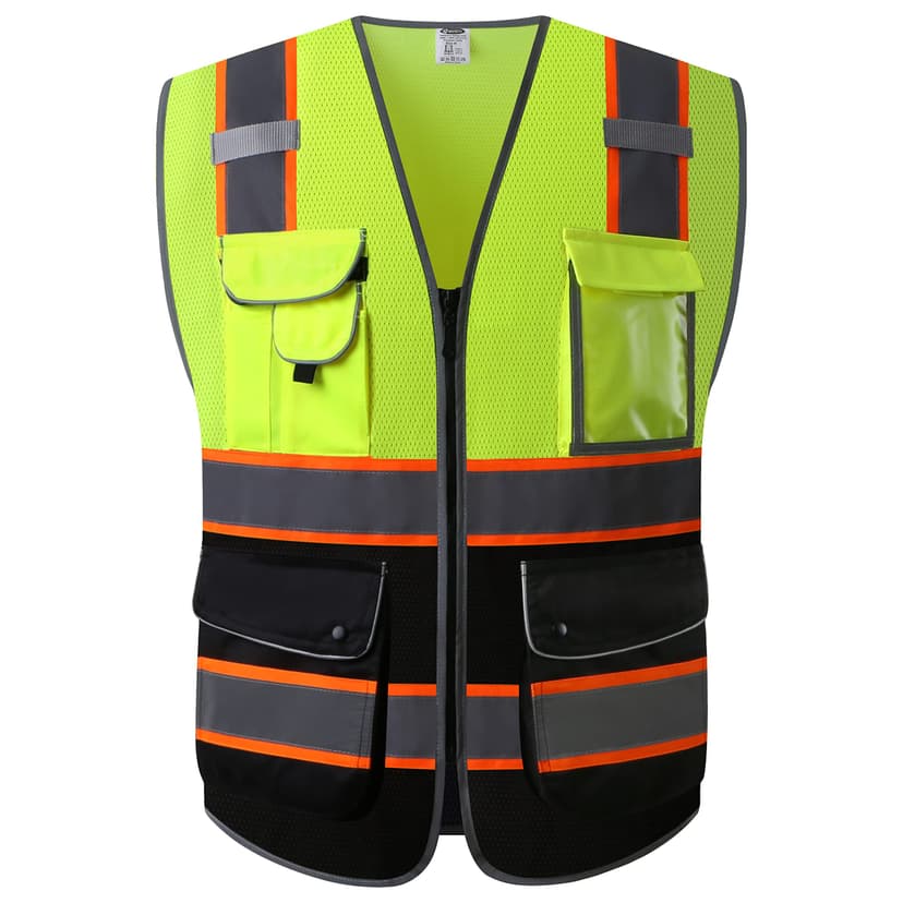 JKSafety Safety Vest for Men Women Reflective Hi Vis JK100 YBlack 2XL | ANSI standards 9 Pockets, 4 Reflective Strips with Neon Trim High Visibility Lightweight Constructions & Outdoor Activities