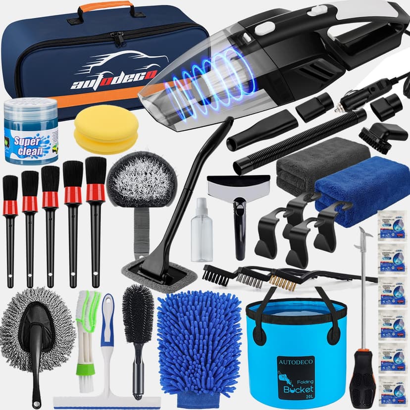 AUTODECO 41Pcs Car Cleaning Kit, Interior Detailing Kit with High Power Handheld Vacuum, Detailing Brush Set, Windshield Tool, Snow Shovel, Blue Complete Auto Accessories for Women, Men