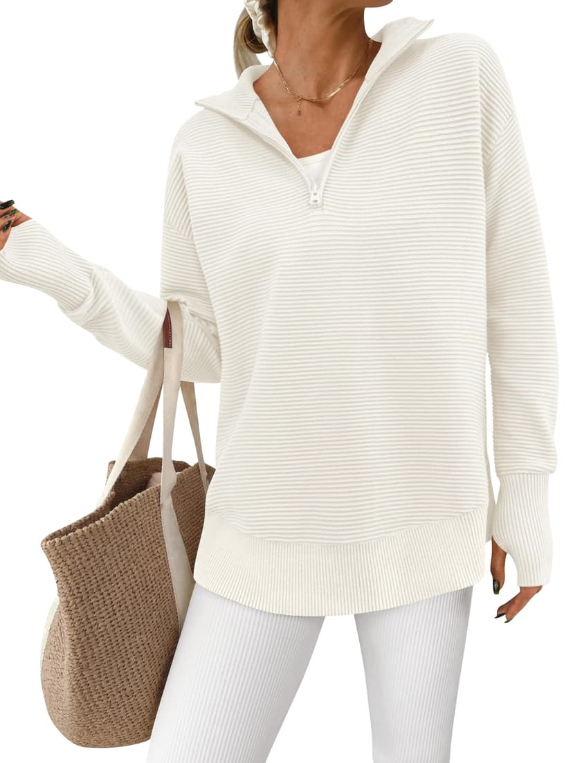 PRETTYGARDEN Womens Long Sleeve Quarter Zip Pullover Sweater | Casual Loose V Neck Sweaters with Thumb Hole, Collared Ribbed Knit Jumper Tops, Oversized Tunic Tops, Fall Outfits 2026
