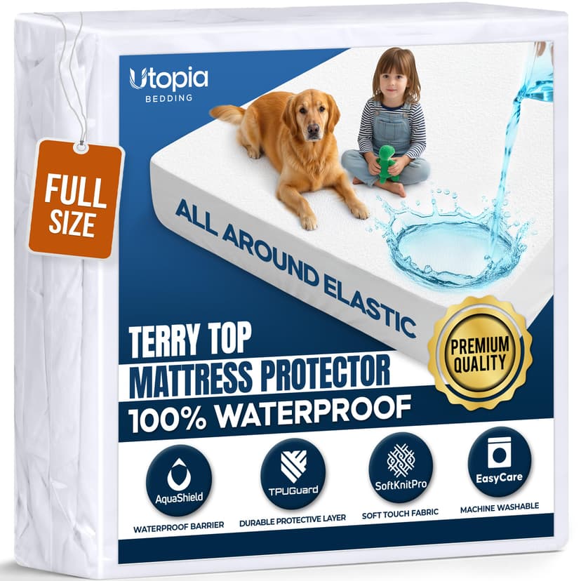 Waterproof Full Size Mattress Protector fits Upto 15" deep Mattresses | Utopia Bedding 200 GSM Soft & Breathable Mattress Cover, Dirt-Proof, Noiseless, Machine Washable Fitted Sheet Style, White