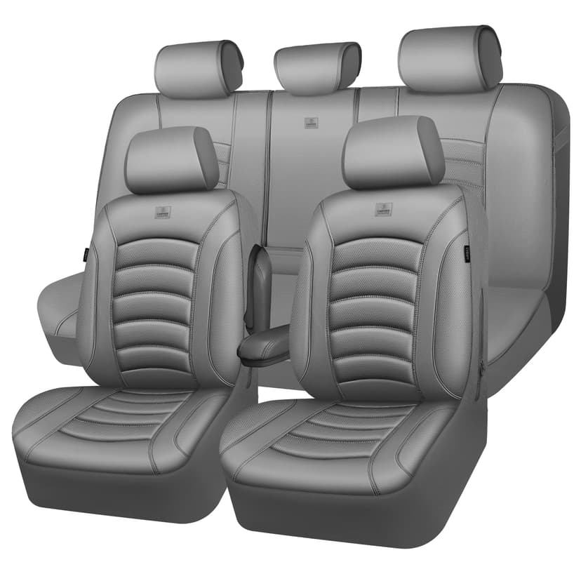 CAR PASS 3D Foam PU Leather Car Seat Covers, Universal Seat Covers Full Sets for Trucks SUV Sedan Automotive Seat Covers Armrest Airbag Compatible Waterproof Comfortable Faux Nappa Leather All Gray