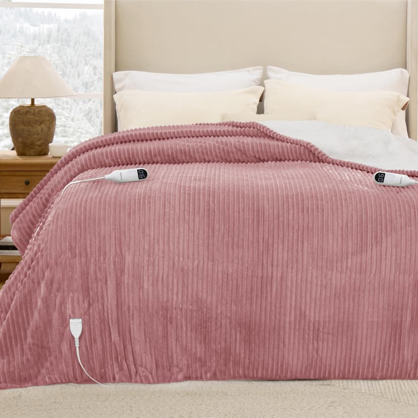 Bedsure Ribbed Electric Blanket King, Pink Heated Blanket, Preheat | Fast Heating, Dual Control, 6 Heat & 6 Timer (Up to 10H) Settings, 8 Hours Auto-Off, ETL & FCC, Gifts for Grandma, 90"x100"