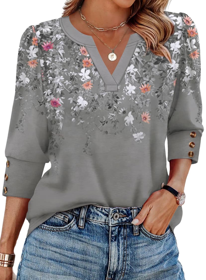 WIHOLL 3/4 Length Sleeve Womens Tops with Button Cuffs Dressy Casual V Neck Summer Outfits Early Fall Fashion Spring Clothes