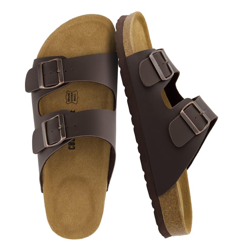 CUSHIONAIRE Lane Cork Footbed Mens Sandals, Adjustable Buckle Comfort Slides for Men, Genuine Leather Insole Summer Sandals Men Footwear
