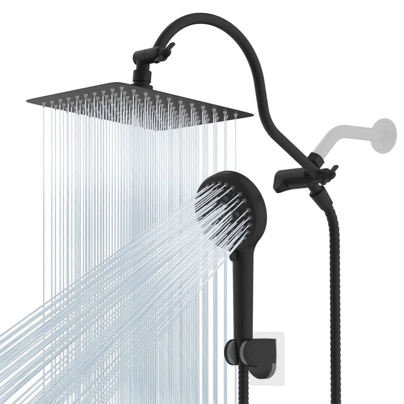 Hibbent All Metal High Pressure Rainfall 10'' Shower Head, CUPC Certified Handheld Showerhead Combo, 12'' Adjustable Shower Extension Arm, 10-Spray, 71'' Hose, Adhesive Showerhead Holder, Matte Black
