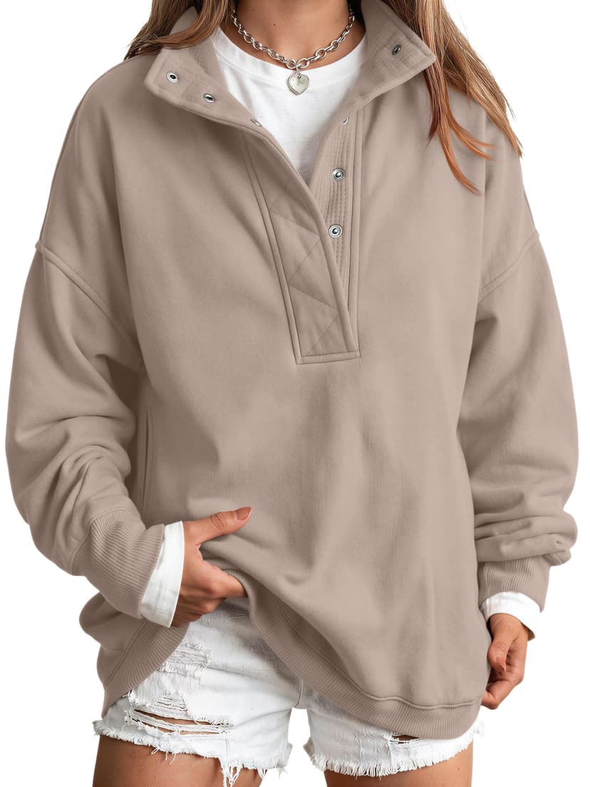 Trendy Queen Womens Oversized Sweatshirts with Snap Button Henley Collar | Soft Fleece Pullover with Pockets Tops Fall Winter Clothes 2026 Cute Fashion Outfits