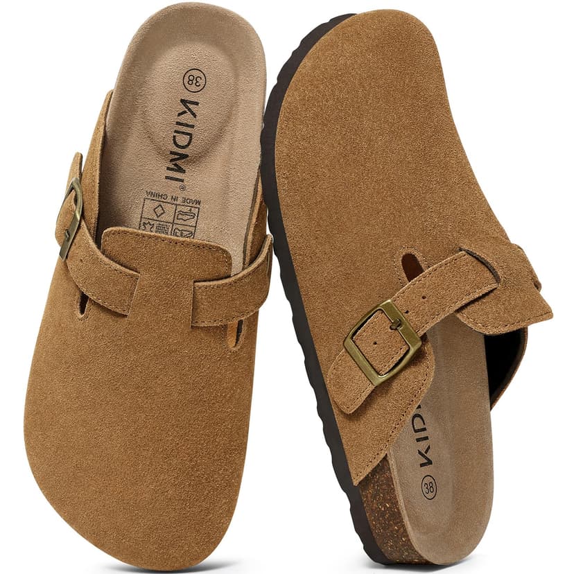 KIDMI Genuine Suede Clogs for Women Men Cork Footbed Mules Potato Shoes | Arch Support, Comfortable, Leather Slip On, Fall, Casual, Indoor Outdoor, Non-slip Rubber Sole, Adjustable Metal Buckle