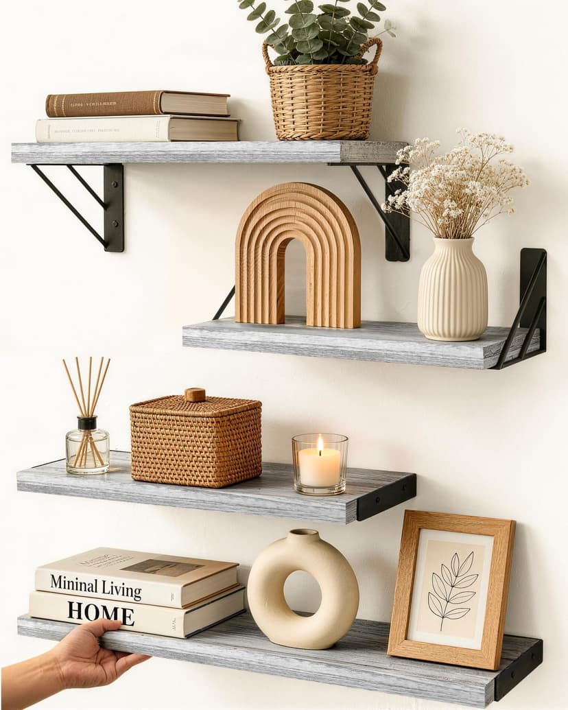 BAYKA Wall Shelves for Bedroom Decor, Wood, Gray White, Set of 4, 16in | Floating Shelves for Living Room Kitchen Storage, Wall Mounted Wood Shelves for Kids Books, Corner Shelf for Bathroom