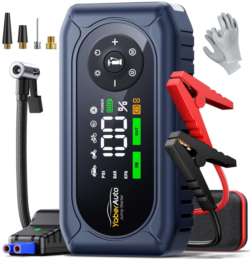 YaberAuto 5000A Car Battery Jump Starter with Air Compressor & Gloves, Car Jumper Starter Portable with 150PSI Tire Inflator, 12V Jump Box (9L Gas/8L Diesel) Jumper Cables, 18W Fast Charge 800LM Light