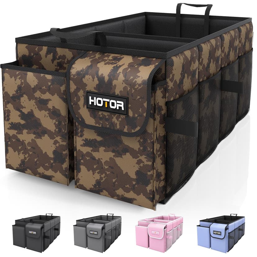 HOTOR Trunk Organizer - Foldable Car Organizer for SUVs & Sedans Storage | Sturdy Car Organization for Men & Women, Car Accessories, Tools, Brown Camouflage, 2 Compartments, 21.3" x 12.6" x 10.6"