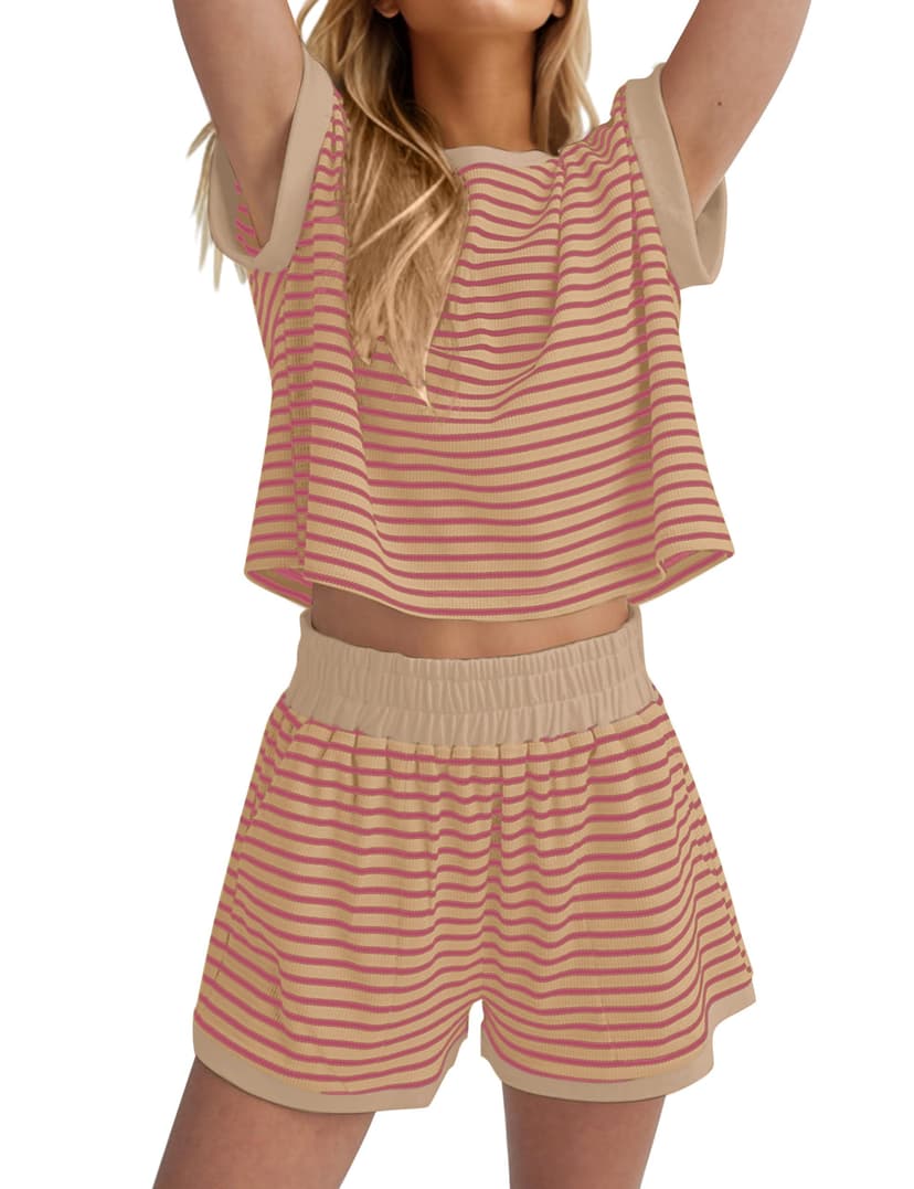Burtell Women Summer 2 Piece Lounge Sets Striped Short Sleeve Tee Shirts Mini Shorts Loungewear Shorts Set Ribbed Pajama Set