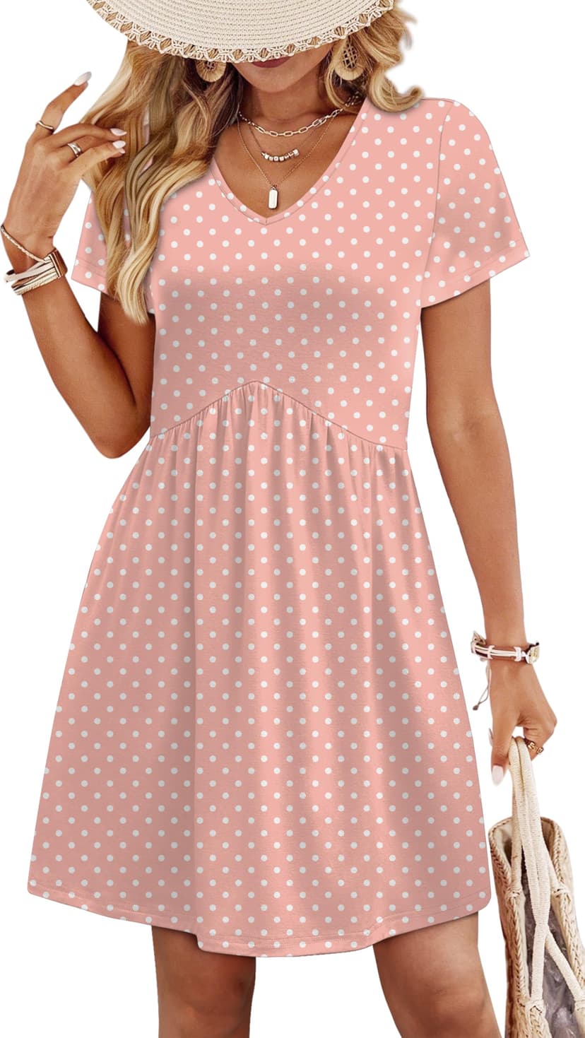 WIHOLL Dresses for Women 2026 Casual Summer V Neck Babydoll Dress Short Sleeve Fashion Beach Vacation Clothes