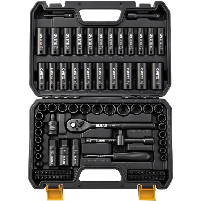 96-Piece 3/8" Drive Impact Socket Set, SAE(5/16 to 3/4-Inch) & Metric(8-22mm), Standard & Deep Sockets, Ratchet Handle, Bit Set, Universal Joint, Extension Bar, Adapters, Spark Plug Sockets
