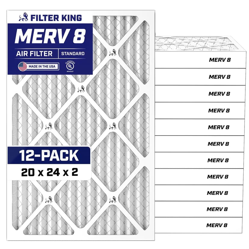 Filter King 20x24x2 Air Filter (MERV 8) (12-Pack) Dust & Allergy Control AC Furnace Filters, MADE IN USA, HVAC, Pleated, Electrostatic (Actual Size: 19.5 x 23.5 x 1.75)