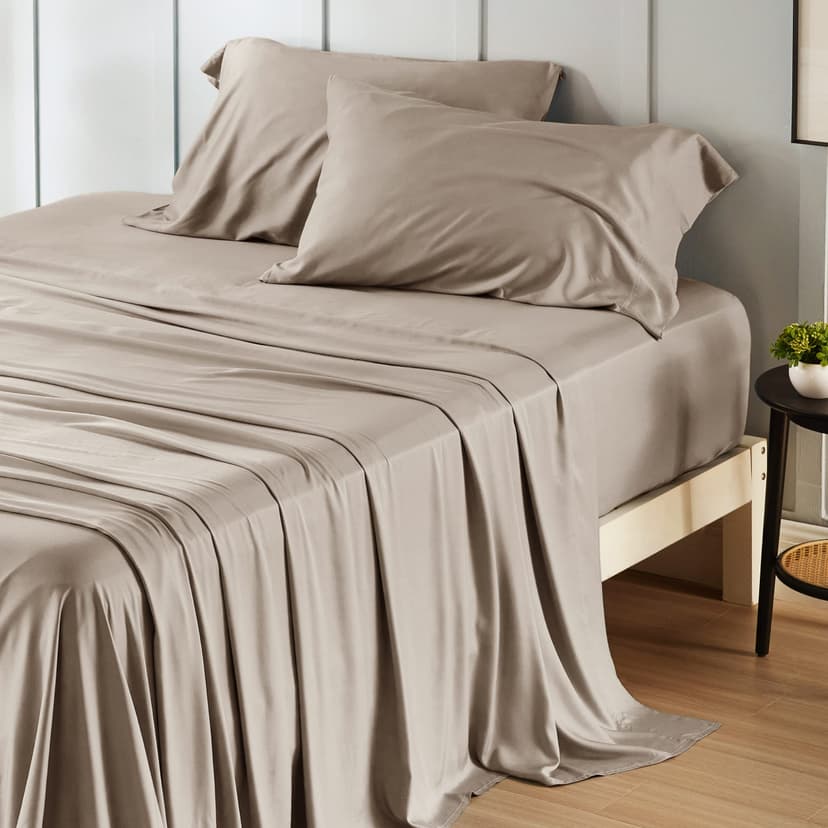 Bedsure PureWoven 100% Rayon Derived from Bamboo, Queen Sheets, 4 Pieces | Cooling Sheets for Hot Sleepers, Breathable & Silky Soft, 16" Deep Pocket, Hotel Luxury Bedding, Simply Taupe