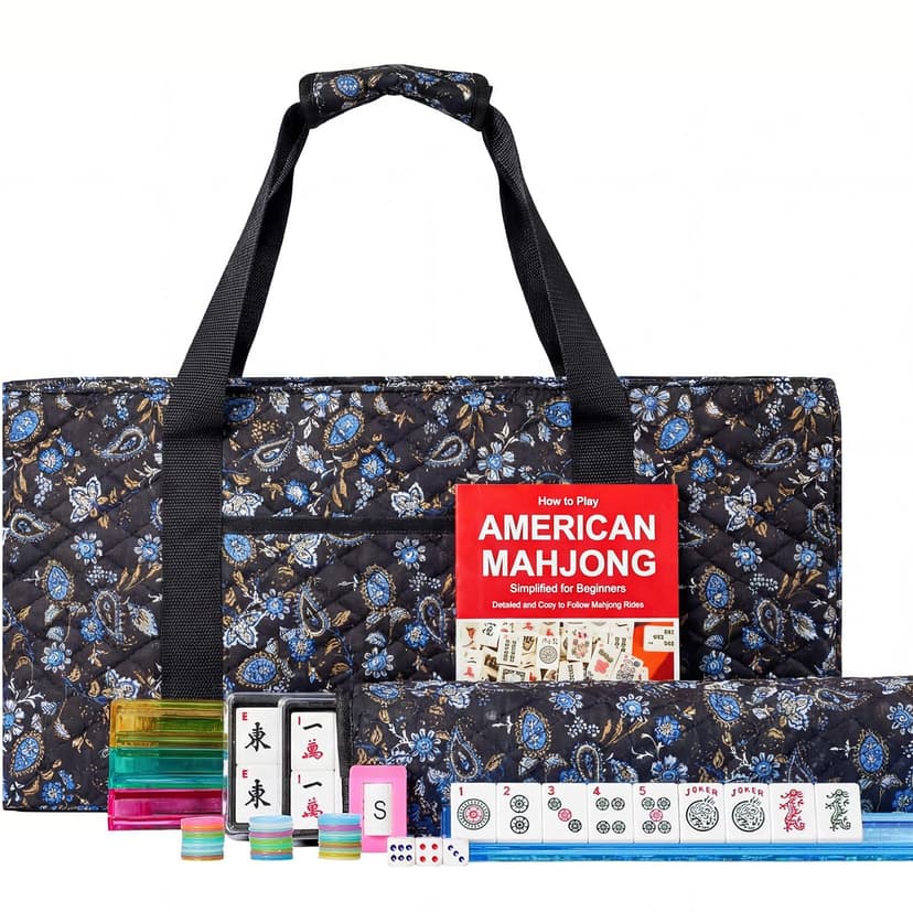 Jongyance American Mahjong Game Set, Mahjong Tile Set, Blcak Bag,166 White Tiles, 4 All-in-One Color Rack/Pushers, 100 Chips, 1 Wind Indicator