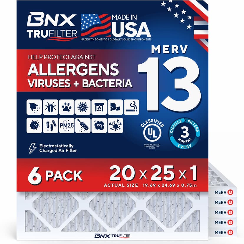 BNX TruFilter 20x25x1 Air Filter MERV 13 AC Filter, HVAC Furnace Filter, 6 Pack (ACTUAL SIZE 19.68"x24.68"x0.75") Allergies, Dust, Pet Dander & Smoke - MADE IN USA - MPR1500 / FPR 10