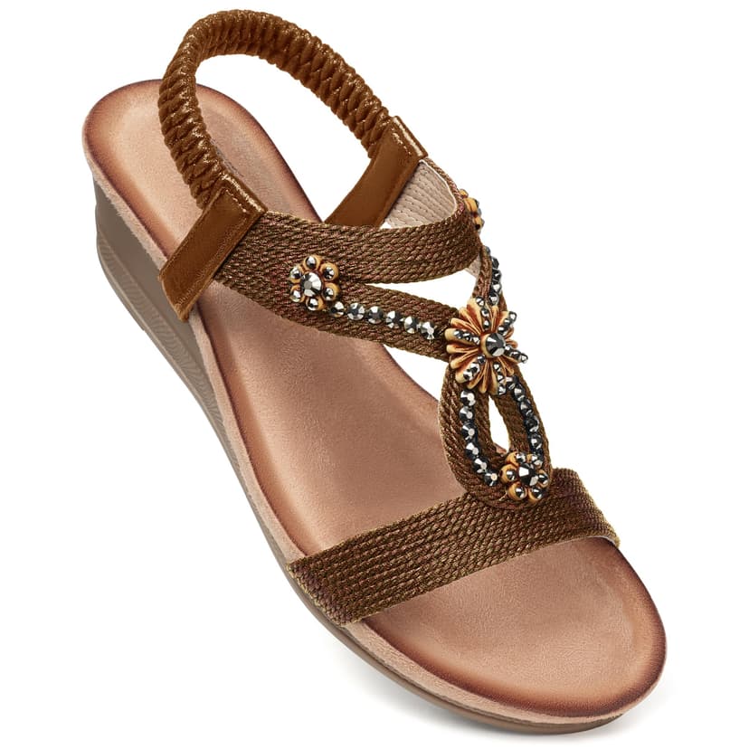 SHIBEVER Womens Wedge Sandals Comfortable Arch Support for All-Day Walking | Low Heel, Elastic Ankle Strap, Dressy Casual Summer, Open Toe, Travel Vacation Outdoors Dress Shoes, Size 5-12