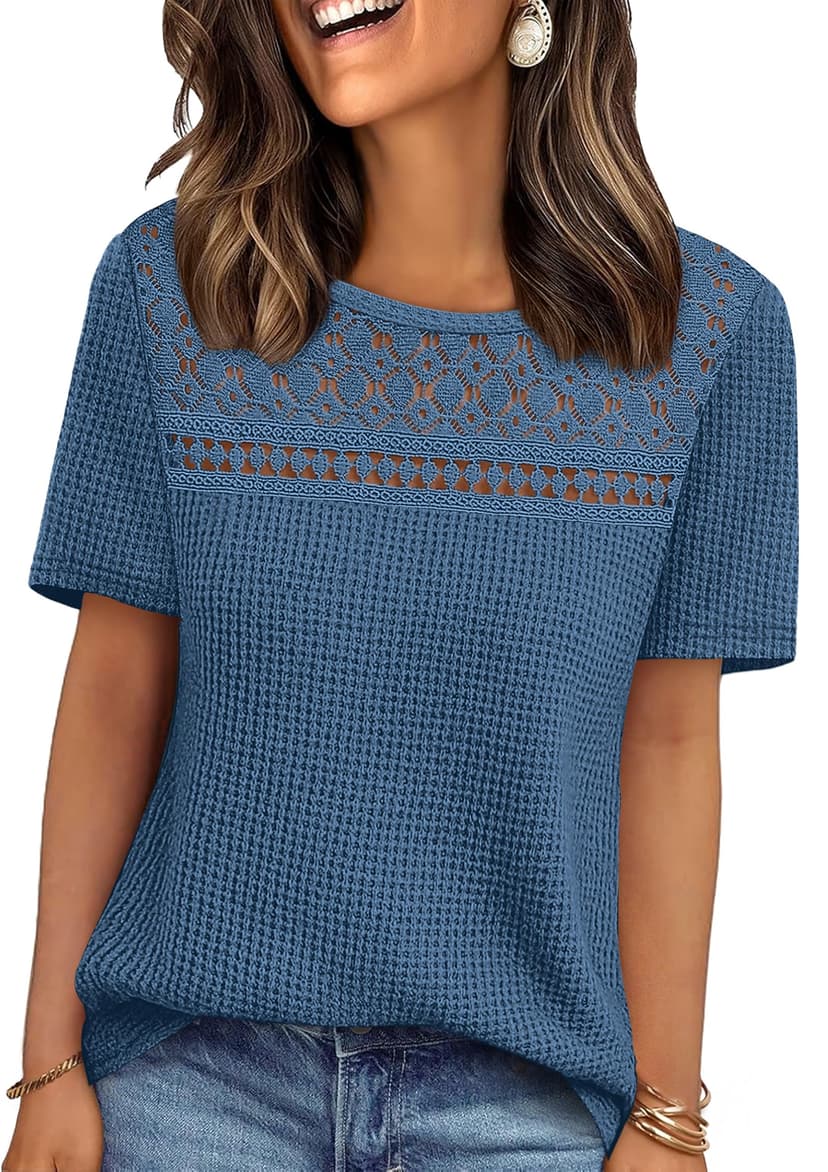 OFEEFAN Womens Tops Dressy Casual Short Sleeve Shirts Boho Crochet Lace Waffle Knit Plus Size Fashion Clothing