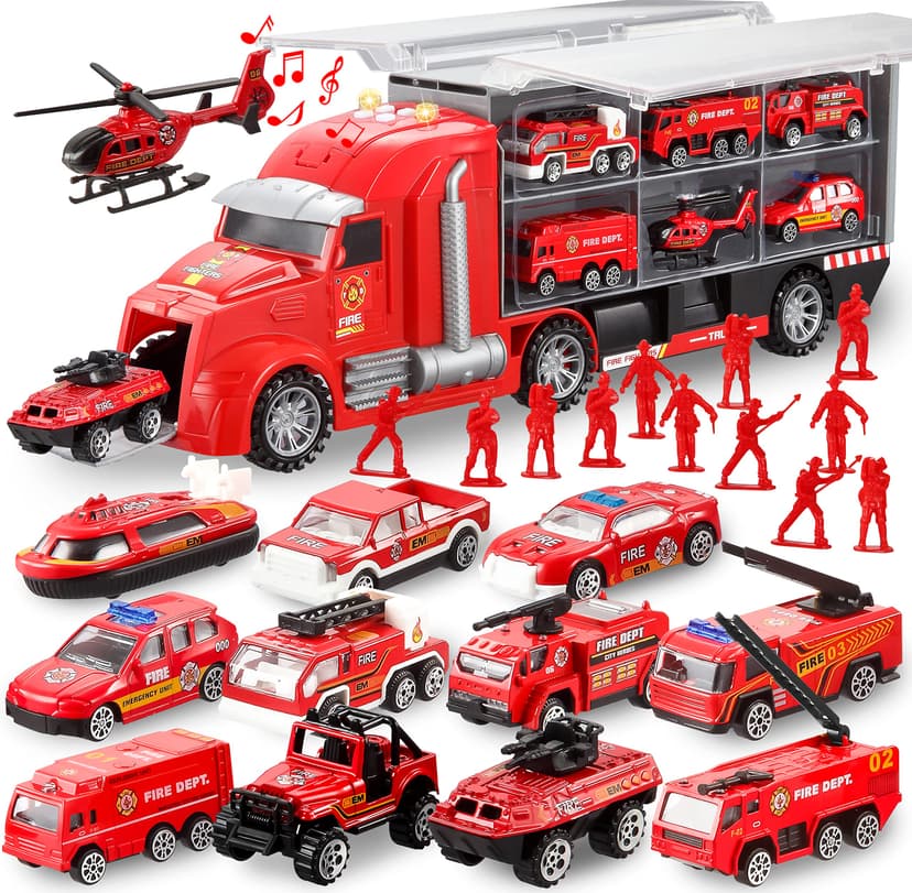 JOYIN 25 in 1 Fire Truck Vehicle Toy Set with Sounds and Lights, Fire Engine Vehicles in Carrier Truck, Mini Rescue Emergency Car Toy, Birthday Gifts for Over 3 Years Old Boys