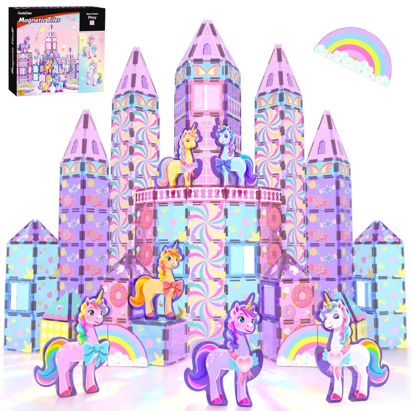 GobiDex 100PCS Unicorn Magnetic Tiles with 6 Unicorns | Princess Castle Unicorn Toys for Girls Age 4-6, STEM Magnetic Blocks Building Toys for 3 4 5 6 Year Old Girl Birthday Gifts