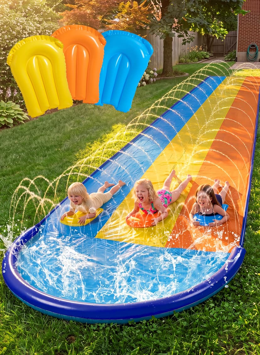 Sloosh Triple Water Slide with 3 BodyBoards, 18FT Lawn Slip Water Splash Slide Summer Toy Splash Pad with Build in Advanced Sprinkler for Kids Adults Backyard Summer Water Fun