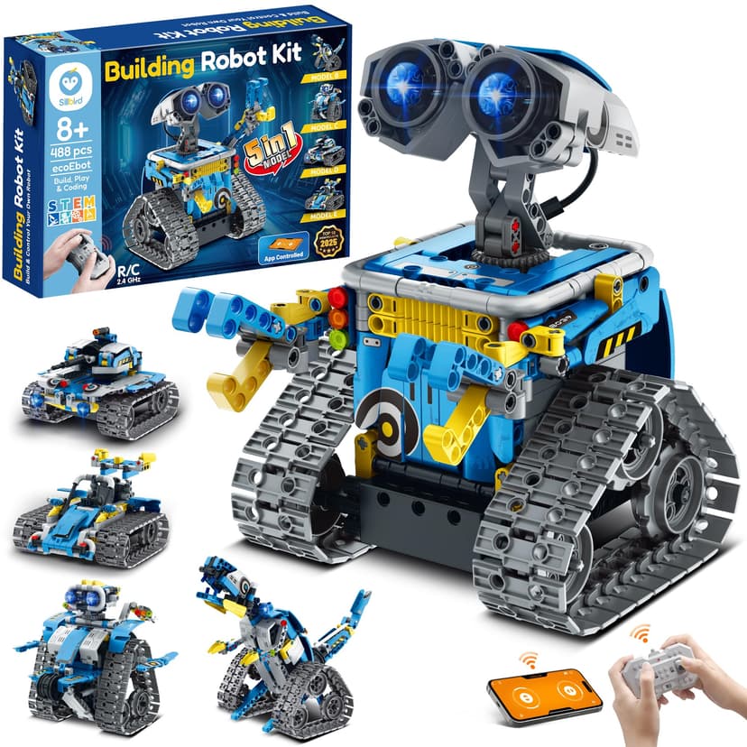 Sillbird Building Robot Kit with Remote Control STEM Gift for Boys Age 8-12 | Coding Robotic Toys, Educational Birthday Presents, App-Controlled, Build 5in1 Models, Rechargeable Blue Bot Set, 488 Piec