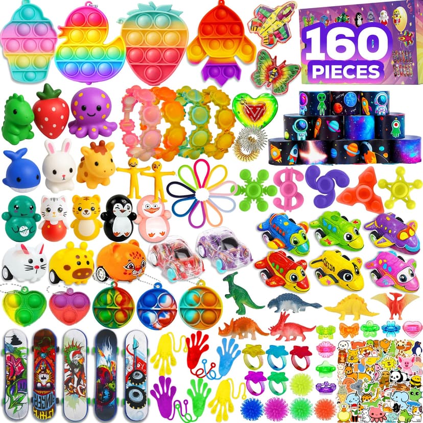 160 Pcs Fidget Toys Party Favors Pack, Randomly Selected Pop Sensory Set Gifts Stickers for Kids Adults Boy Girl Stocking Stuffers Autistic Bulk Goodie Bag Filler Treasure Box Classroom Prizes School