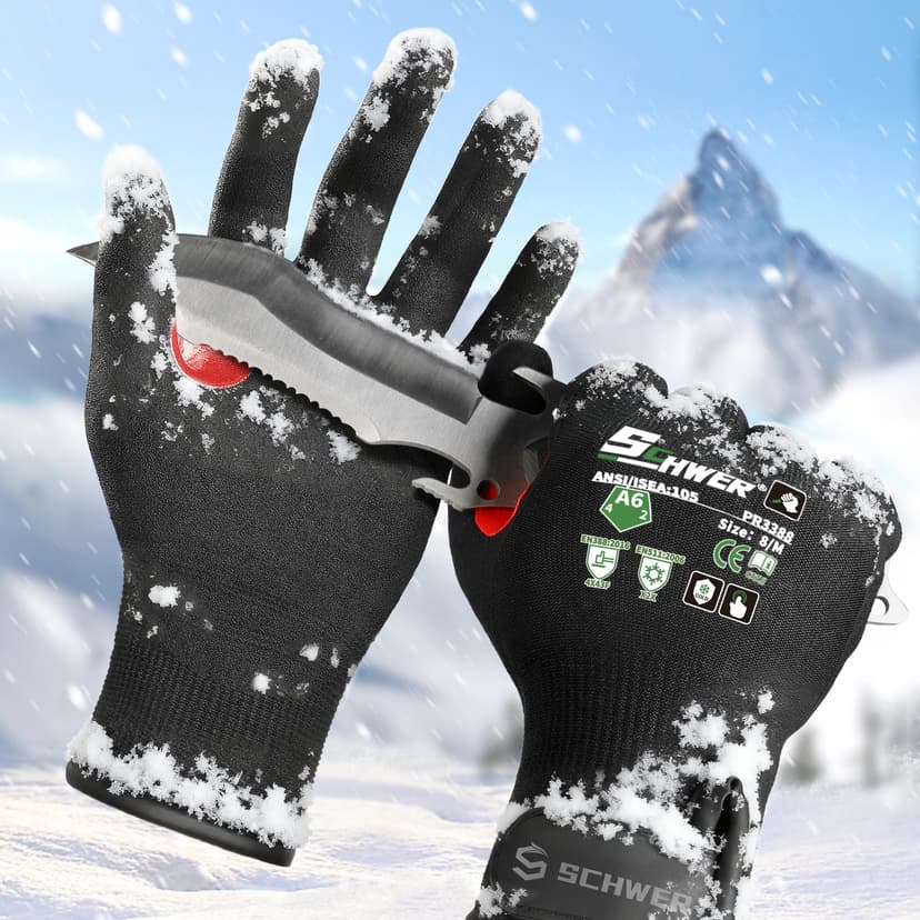 Schwer FreezeGuard Winter Work Gloves for Men and Women, ANSI A6 Cut Resistant Gloves With Super Grip, Freezer Glove for Work, Touchscreen, Thermal Insulated, PR3388, Black Knight (M, 2 Pairs)
