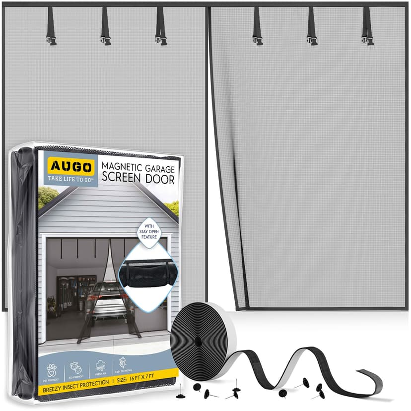 AUGO Garage Door Screen Magnetic Closure - Garage Screen Doors for 2 Car Garage Pull Down - Magnetic Screen Door Mesh - Heavy Duty Weighted Bottom - Pet & Kid Friendly - Keep Open Feature - 16' x 7'