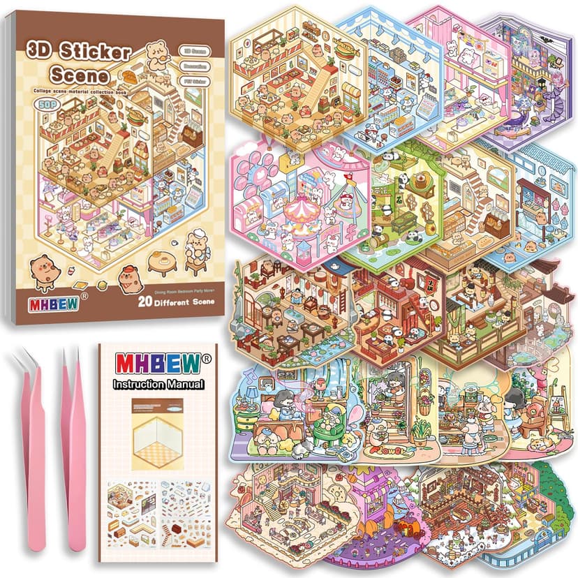 20 Sets DIY 3D Sticker Scene Book for Kids Adults Cozy Room Sticker Therapy | Cute Make Your Own Mini House Miniature Scene Stickers, Gifts for Adult Relief Stress Pass The Time, Hamburg Castle Librar