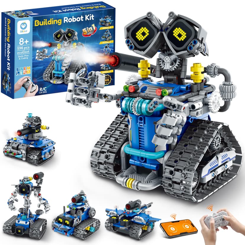 Sillbird STEM Robot Building Kit with Remote Control Gifts for Boys 8-14 | Coding Robotic Toy, Birthday Presents for Kids Ages 8+, App-Controlled, Buildable 5in1 Models, LED Eyes, 596 Pieces