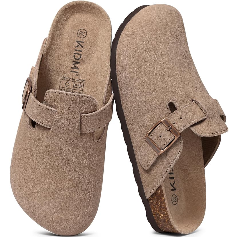 KIDMI Genuine Suede Clogs for Women Men Cork Footbed Sandals Leather Mules Potato Shoes with Arch Support