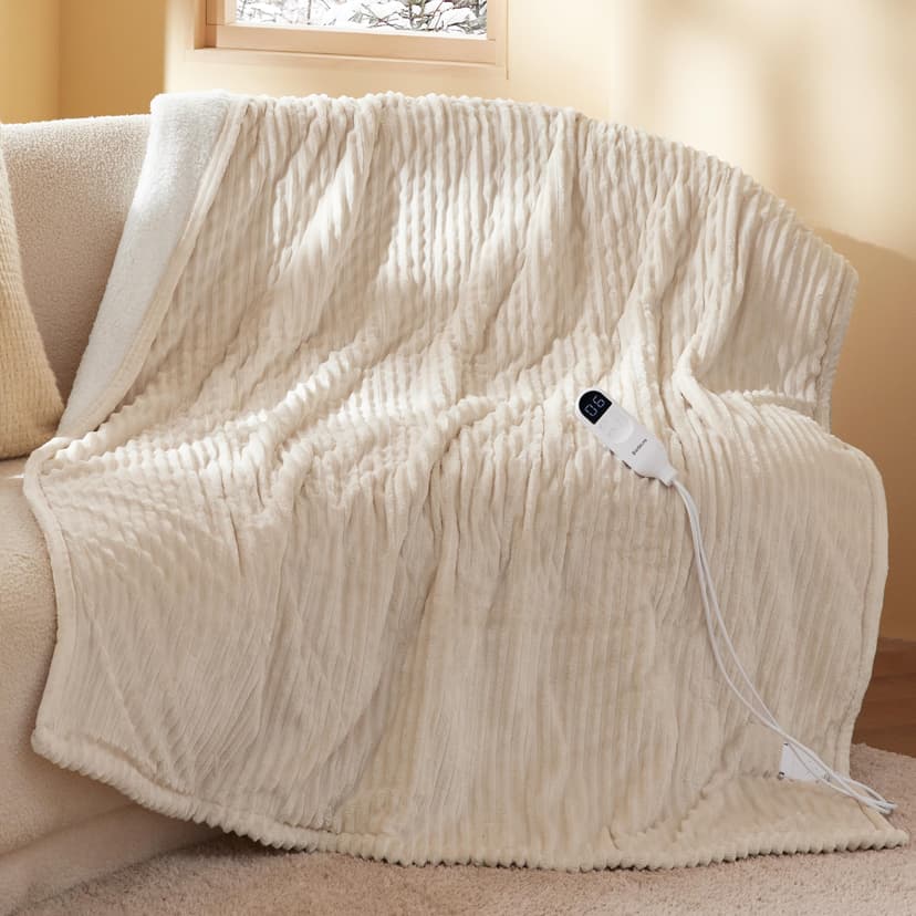 Bedsure Ribbed Heated Blanket Throw, Cream Electric Blanket, Preheat | Fast Heating, 6 Heat & 6 Timer (Up to 10H) Settings, 8 Hours Auto-Off, ETL & FCC, Flannel Sherpa, Gifts for Grandma, 50"x60"