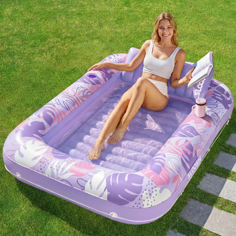 SLOOSH Inflatable Tanning Pool Lounger Float, 70" x 46" Pool Floats Adult with Pillow, 4 in 1 Suntan Tub Raft Floatie,Sunbathing Bed Lounge for Water Blow Up Ball Pit Party Gifts, L-Purple