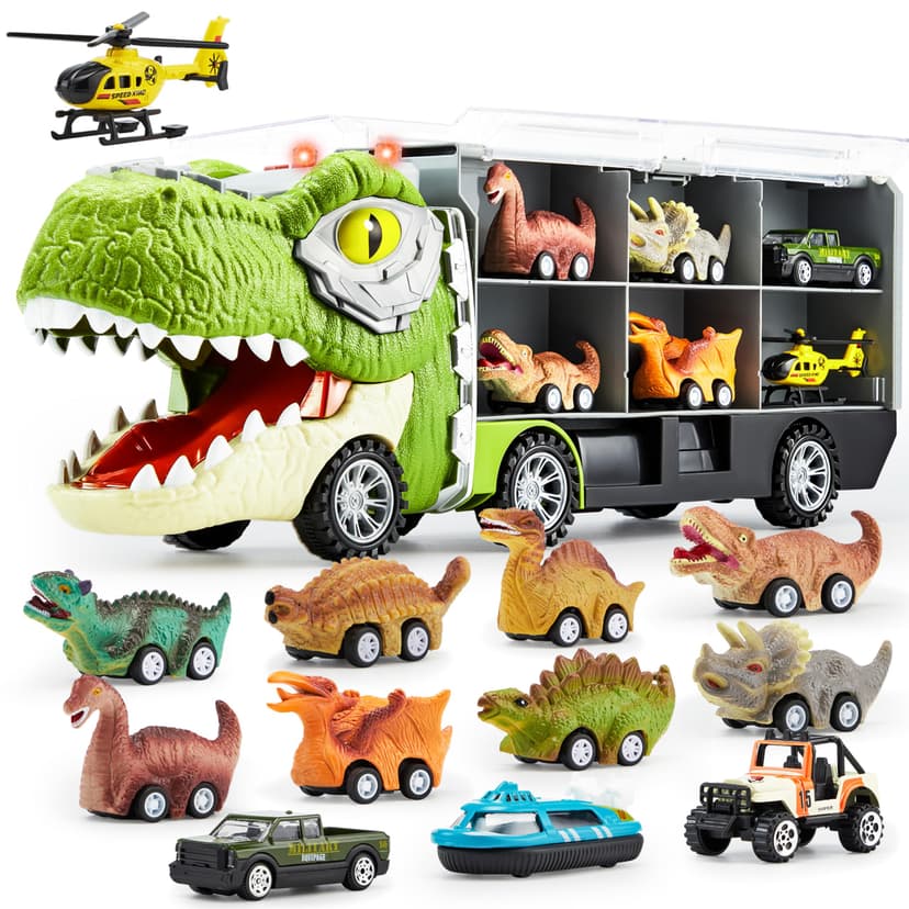 JOYIN 13 in 1 Dinosaur Toys for Kids 3-5, Transport Dinosaur Carrier Truck with 12 Pull Back Cars, Toddler Toys 3-4， Birthday Gifts for 3 4 5+ Year Old Boys