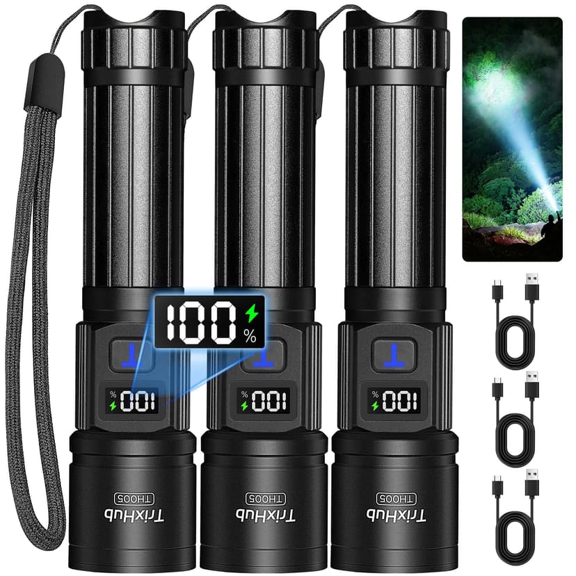 TrixHub Rechargeable Flashlights 3 Pack, Super Bright High Lumens Flash Light, 5 Modes Zoomable Linternas with LCD Digital Display, Powerful Handheld LED Flashlights for Home Emergencies Camping