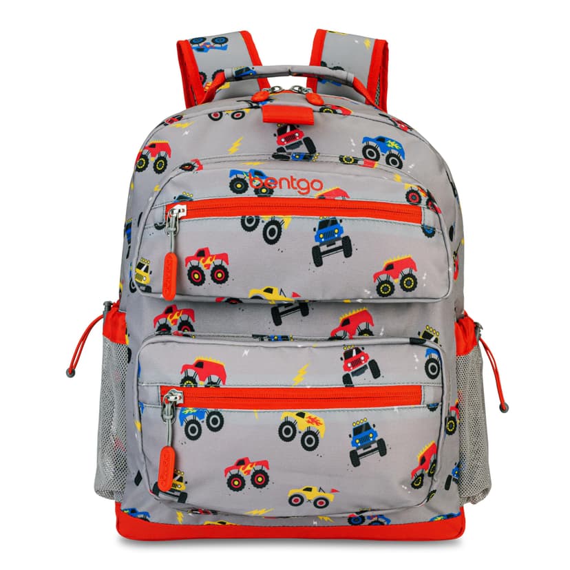Bentgo Kids Print Durable & Water-Resistant Backpack | Lightweight 14” Backpack for School, Travel, & Daycare, Ages 4+, & Loop for Lunch Bag (Trucks)