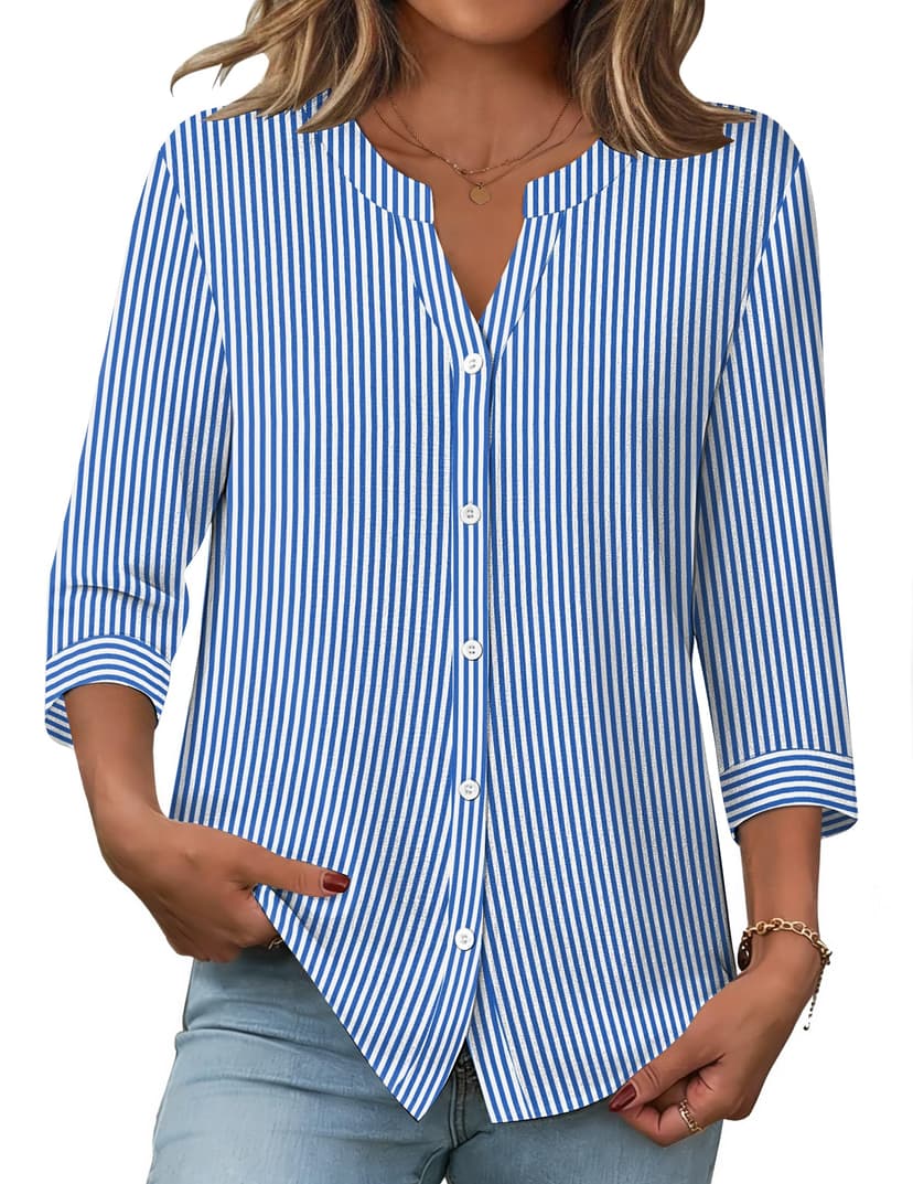 Zeagoo Button Down Shirts for Women 3/4 Sleeve Linen Cotton V Neck Tops Dressy Casual Loose Work Blouses