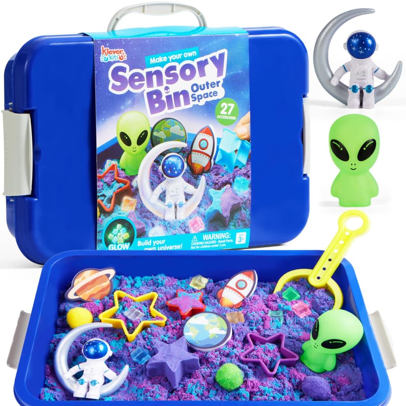 JOVA Klever Kits Outer Space Sensory Bin for Kids with Glow in The Dark Alien and Rocks, Sandbox with Lid Dual-Color Sand, Preschool Learning Activities Gifts for Boys Girls Age 3+