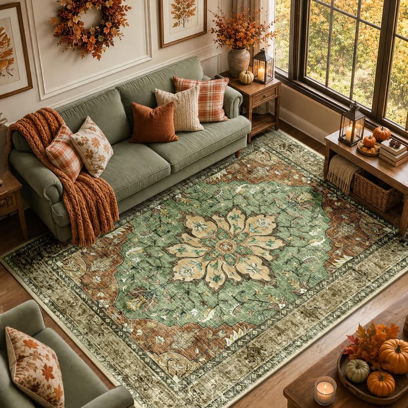 RELEANY Washable Area Rug, 8'x10', Brick/Brown/Green | Non-Slip, Water Repellent, Pet Friendly, Easy to Clean, Vintage Floral Boho Decor for Living Room Bedroom Dining Room